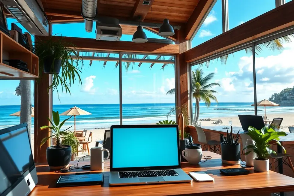 Um espaço de trabalho vibrante que reflete a liberdade do empreendedorismo digital.