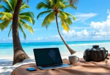 Espaço de trabalho de nômade digital na praia, simbolizando a liberdade e a dinâmica do trabalho remoto.