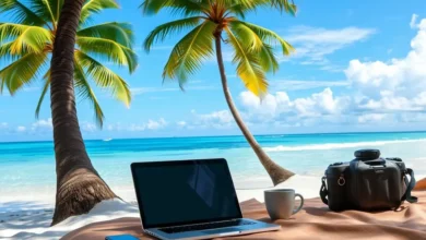 Espaço de trabalho de nômade digital na praia, simbolizando a liberdade e a dinâmica do trabalho remoto.
