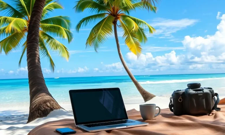 Espaço de trabalho de nômade digital na praia, simbolizando a liberdade e a dinâmica do trabalho remoto.