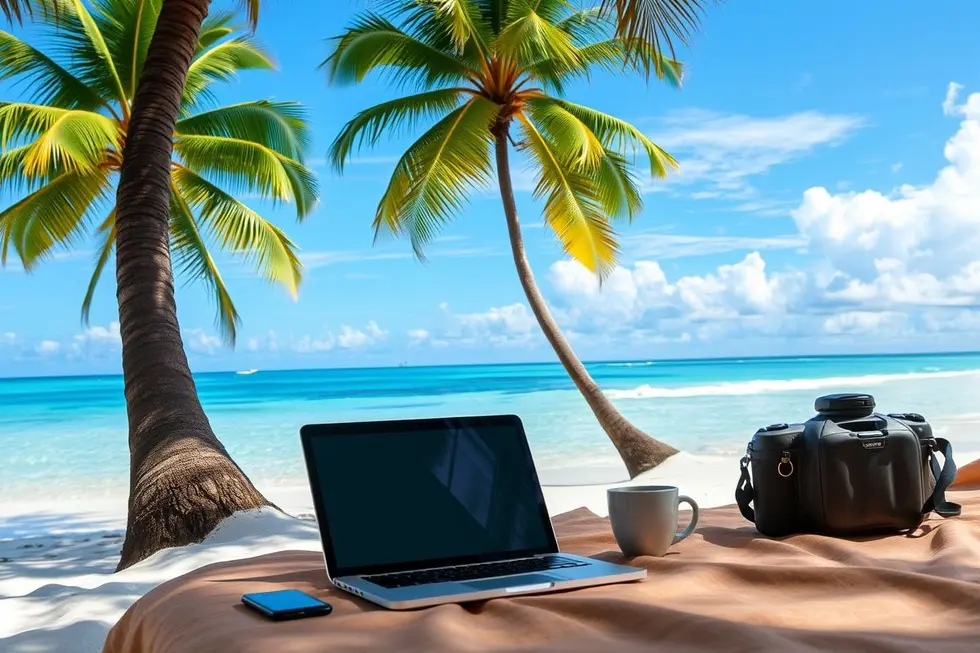 Espaço de trabalho de nômade digital na praia, simbolizando a liberdade e a dinâmica do trabalho remoto.
