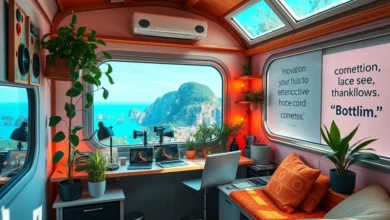Ambiente de trabalho sustentável de um nômade digital.