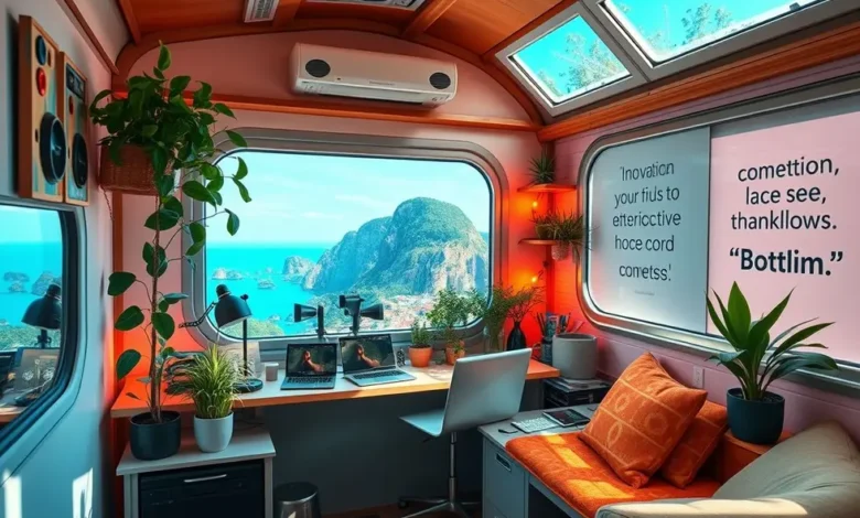 Ambiente de trabalho sustentável de um nômade digital.