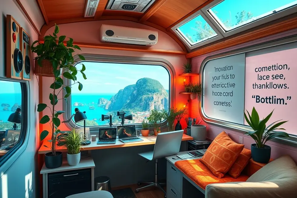 Ambiente de trabalho sustentável de um nômade digital.