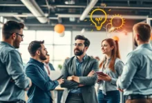 Empreendedores colaborando em ambiente positivo.