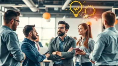 Empreendedores colaborando em ambiente positivo.