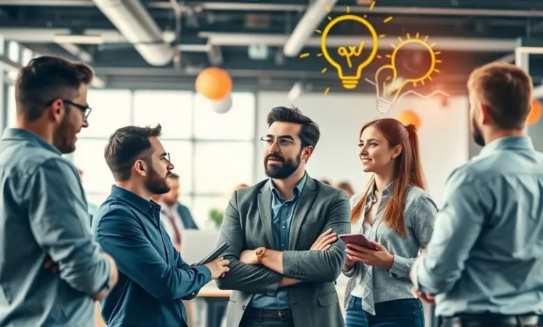 Empreendedores colaborando em ambiente positivo.
