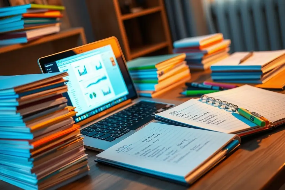Freelancer ocupado com agenda cheia e laptop aberto.