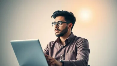 Empreendedor focado em expansão e crescimento de negócios usando laptop.