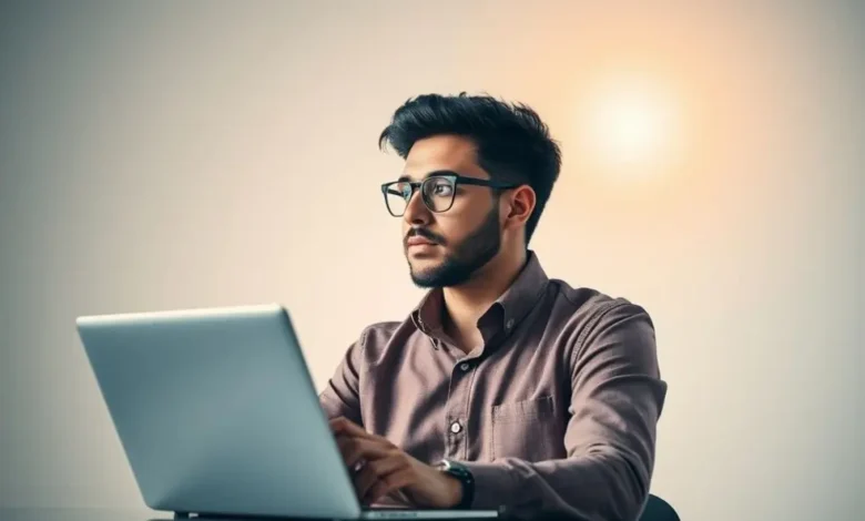 Empreendedor focado em expansão e crescimento de negócios usando laptop.