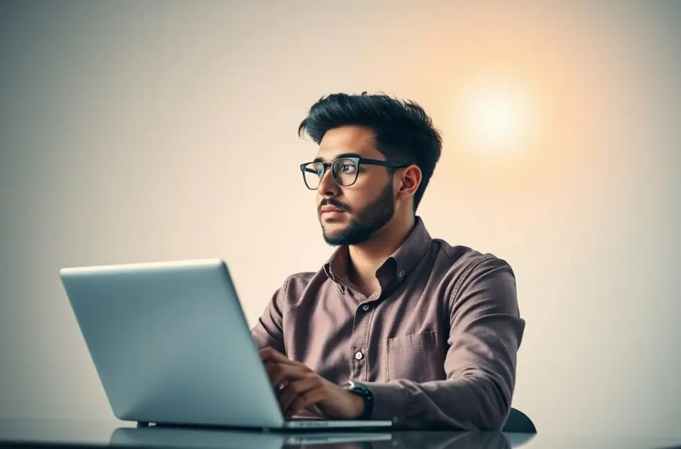 Empreendedor focado em expansão e crescimento de negócios usando laptop.