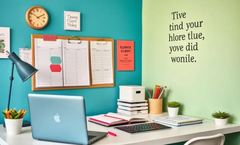 10 Estratégias Infalíveis para Criar uma Agenda de Clientes Eficaz - Web Nômade Digital Espaço de trabalho vibrante e organizado, ideal para empreendedores gerenciarem suas agendas de clientes.