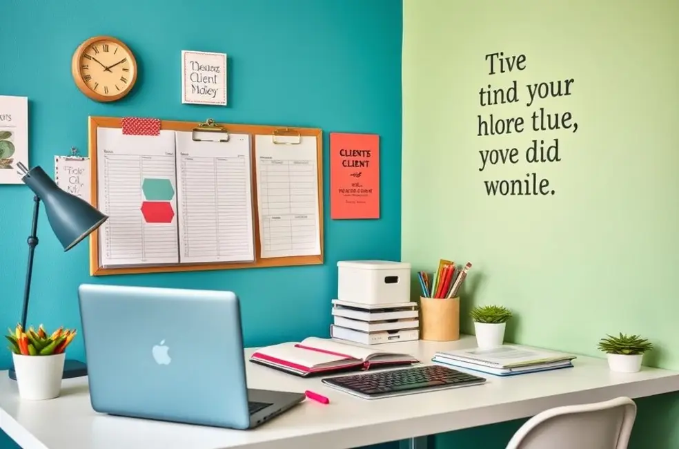 Espaço de trabalho vibrante e organizado, ideal para empreendedores gerenciarem suas agendas de clientes.
