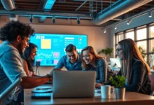 Uma imagem de um grupo diverso de trabalhadores remotos trocando ideias, simbolizando o espírito de empreendedorismo.