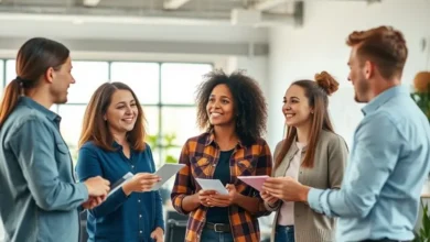 Grupo de empreendedores colaborando em um ambiente inspirador.