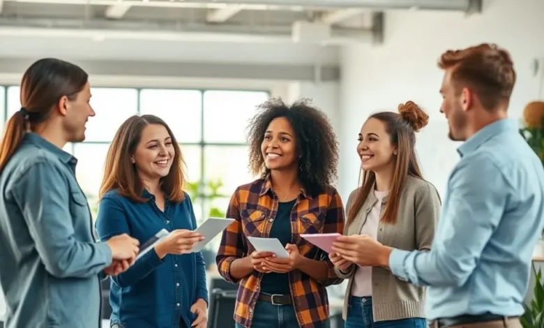 Grupo de empreendedores colaborando em um ambiente inspirador.