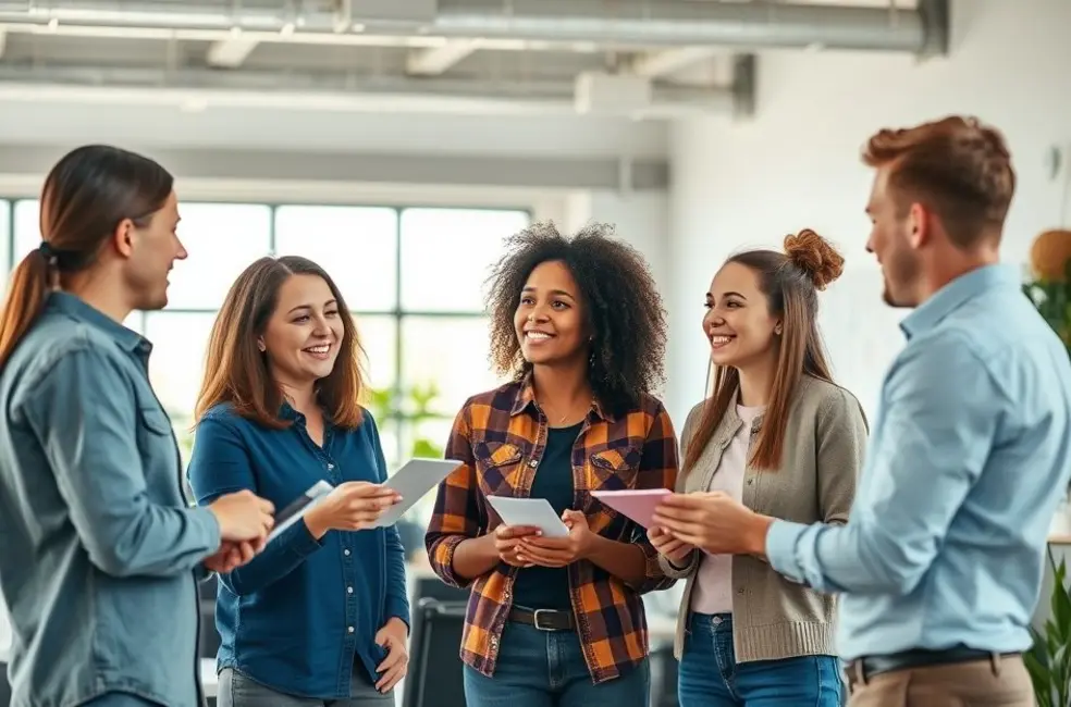 Grupo de empreendedores colaborando em um ambiente inspirador.