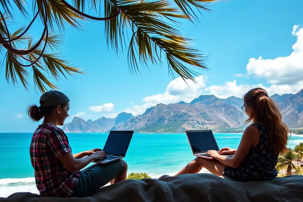 Grupo de nômades digitais trabalhando em ambientes inspiradores.