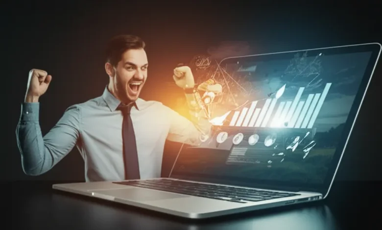 7 Estratégias Infalíveis para Aumentar a Lucratividade do Seu Negócio Online - Web Nômade Digital Empreendedor digital celebrando resultados positivos em seu negócio online.