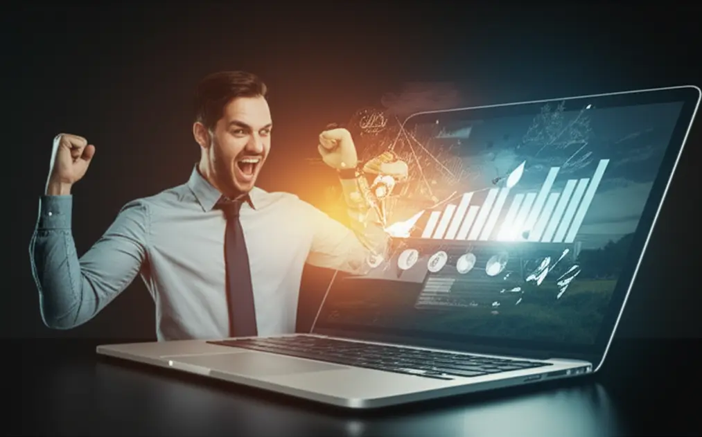 Empreendedor digital celebrando resultados positivos em seu negócio online.