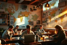 Um laptop com gráficos de crescimento em um ambiente de trabalho inspirador representando a vida de um nômade digital.