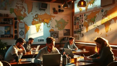 Um laptop com gráficos de crescimento em um ambiente de trabalho inspirador representando a vida de um nômade digital.