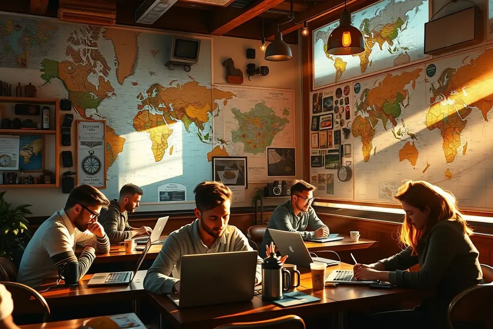 Um laptop com gráficos de crescimento em um ambiente de trabalho inspirador representando a vida de um nômade digital.