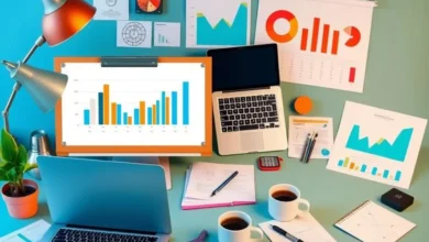 Espaço de trabalho mostrando ferramentas de produtividade e metas empresariais.