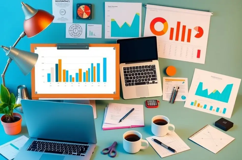 Espaço de trabalho mostrando ferramentas de produtividade e metas empresariais.