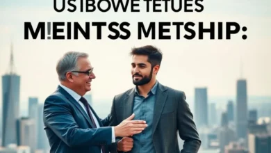 Mentor e empreendedor olhando para a cidade, simbolizando crescimento e sucesso.