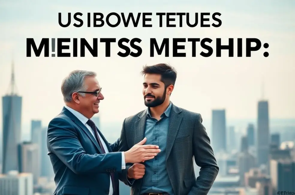 Mentor e empreendedor olhando para a cidade, simbolizando crescimento e sucesso.