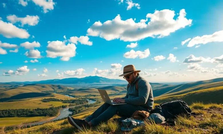 7 Dicas Práticas para Empreender como Nômade Digital em 2025 - Web Nômade Digital Silhueta de uma pessoa trabalhando em um laptop em um cenário de paisagens diversificadas.