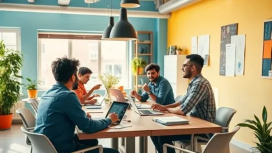 Grupo de nômades digitais discutindo ideias em um ambiente vibrante.