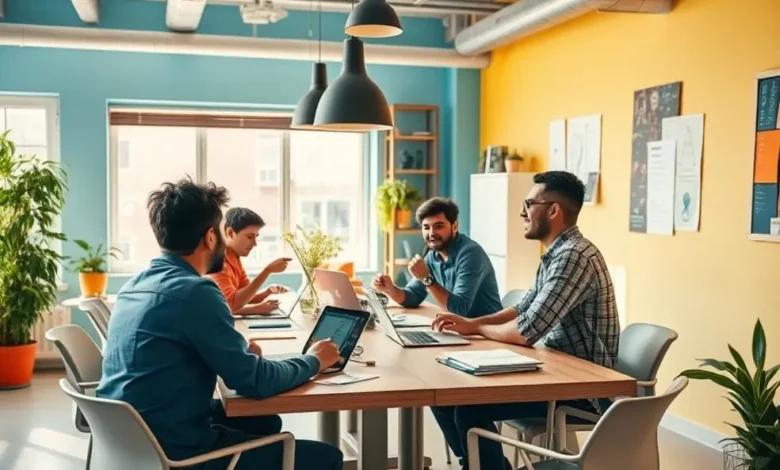 Grupo de nômades digitais discutindo ideias em um ambiente vibrante.