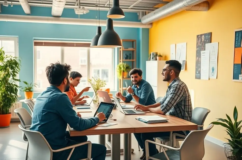 Grupo de nômades digitais discutindo ideias em um ambiente vibrante.