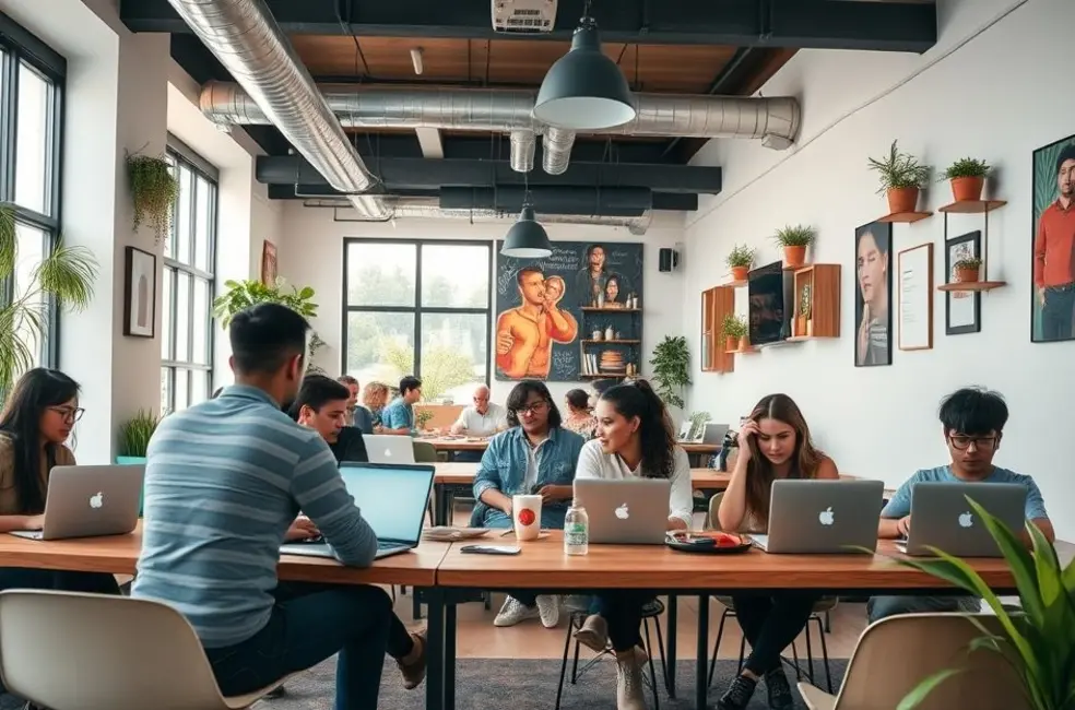 Espaço de trabalho colaborativo com empreendedores digitais.