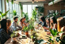Grupo de empreendedores e trabalhadores remotos envolvidos em práticas de sustentabilidade.
