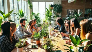 Grupo de empreendedores e trabalhadores remotos envolvidos em práticas de sustentabilidade.