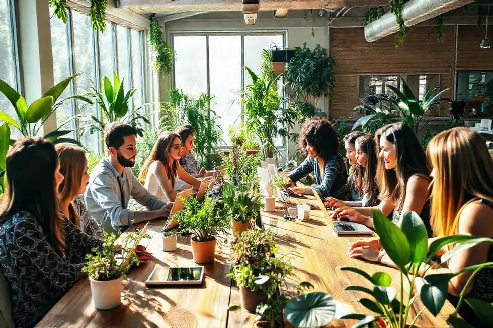 Grupo de empreendedores e trabalhadores remotos envolvidos em práticas de sustentabilidade.