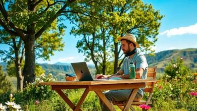 Nômade digital praticando negócios sustentáveis em meio à natureza.