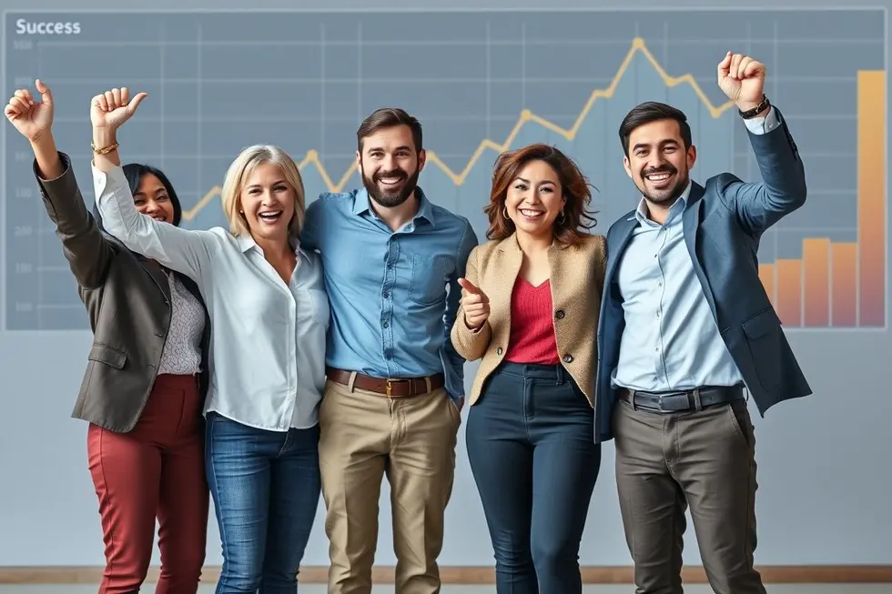 Gráfico de crescimento com pessoas colaborando para escalar negócios.