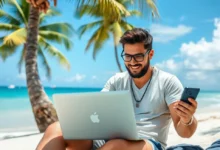 Empreendedor nômade digital trabalhando em uma praia com um plano de estratégia.