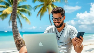Empreendedor nômade digital trabalhando em uma praia com um plano de estratégia.