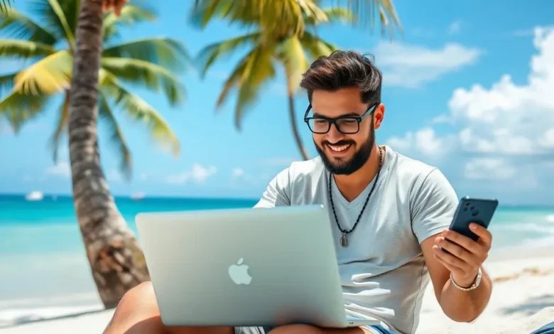 Empreendedor nômade digital trabalhando em uma praia com um plano de estratégia.