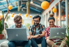 Grupo de nômades digitais trabalhando em laptops em um ambiente criativo e inspirador.