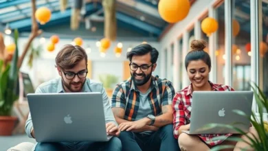 Grupo de nômades digitais trabalhando em laptops em um ambiente criativo e inspirador.