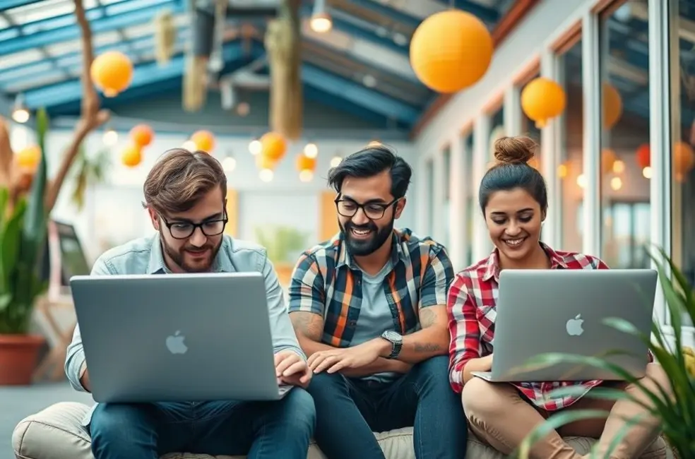 Grupo de nômades digitais trabalhando em laptops em um ambiente criativo e inspirador.