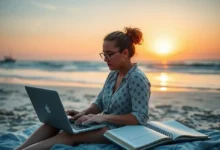 Nômade digital trabalhando em um laptop com um planejamento ao ar livre.