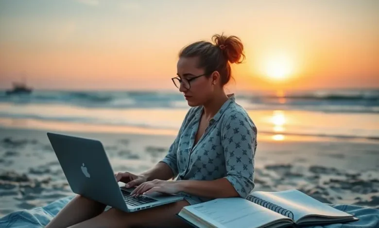 Nômade digital trabalhando em um laptop com um planejamento ao ar livre.