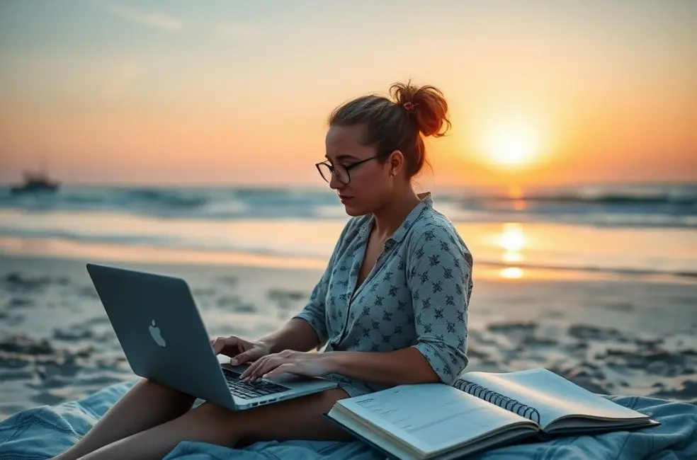 Nômade digital trabalhando em um laptop com um planejamento ao ar livre.